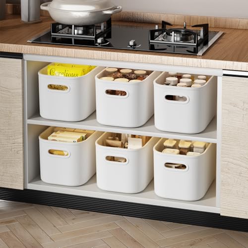ORGIDOL 10 Pack White Plastic Storage Bins, Storage Container for Organizing, Storage Boxes with Handle for Shelves, Cute Organizer Bins for Craft, Snacks, Pantry, Cabinet, 9.69x6.7x5.7 inch - color: White, size: 10Pack
