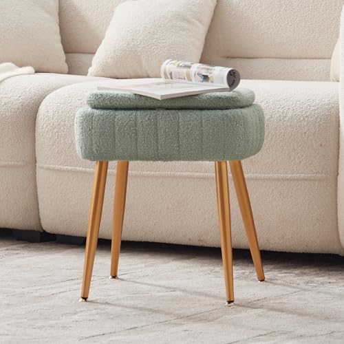 Updated Vanity Chair, Storage Ottoman with Folding Back & Gold-Toned Metal Legs, Ottoman Seat with Teddy Velvet for Dressing Room Living Room Bedroom, 16" x 12.5" Inch - color: Green, size: 16" x 12.5"