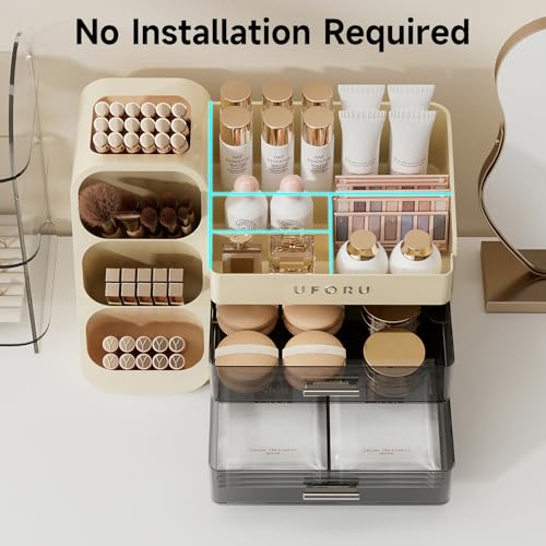 Makeup Organizer for Vanity with Brush Holder, Large Plastic Bathroom Countertop Skincare Organizer with 2 Drawers, Spacious Cosmetic Display Case for Perfumes, Eyeshadow Palettes, Nail Polishes - color: Cream White, size: Large