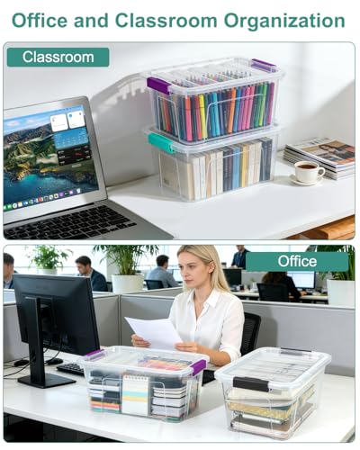 EOENVIVS Clear Storage Bins with Lids 6 Pack, 7 Qt Stackable Storage Containers with Buckle Lock, Durable Plastic Containers & Storage Box Organizer for Pantry, Bathroom, Closet & Office Use - color: Clear+Purple