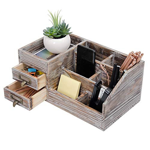 Liry Products Rustic Torched Wooden Desktop Organizer Dark Brown Tabletop Storage Cabinet Stepped Rack Multiple Compartments 2 Tier Drawers Makeup Accessory Sorter Display Box Home Office Supplies - color: Rustic Brown