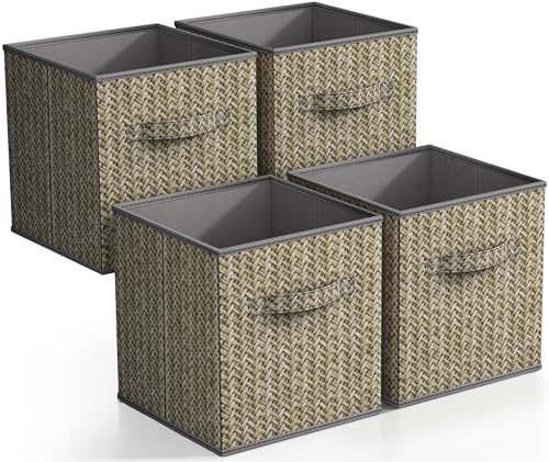 Sorbus Foldable Storage Bins - 11 Inch Sturdy Collapsible Fabric Storage Cubes with Handle - 4 Baskets for Organizing Clothes & Toys - Organization & Storage Baskets for Shelves, Pantry, Closet, Cubby - color: Woven Gray