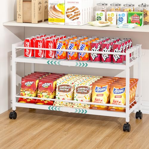 2-Tier Expandable Rolling Pantry Cart with Wheels, Adjustable Floor Organizer for Kitchen Pantry, Can Organizer for Pantry, Storage Cart for Snack, Food, Vegetables, White, Patent Pending - color: White