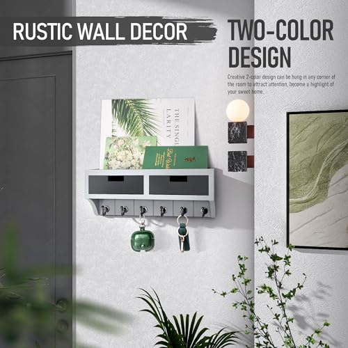 Rebee Vision Key Holder Wall Mount with Drawer Organizer: Mail Organizer for Wall with 6 Key Hooks and Wall Shelf - Apartment Essentials for Aesthetic Room Decor (Gray & Black) - color: Gray & Black, style: 2-Drawer