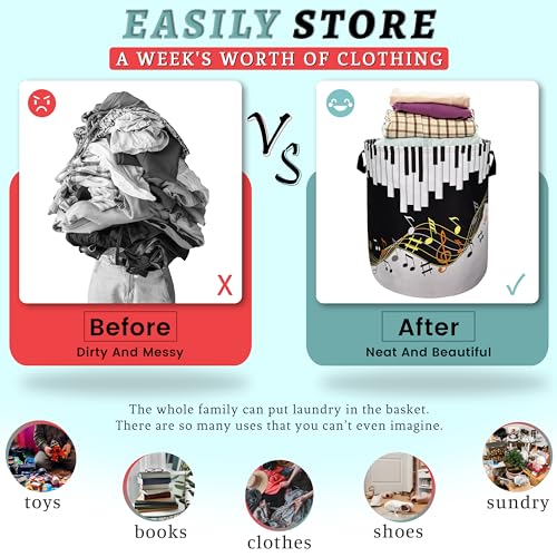 Piano Keyboard Laundry Basket Foldable With Handles Music Notes Tote Bag Oxford Cloth Colorful Laundry Hamper Clothes Storage Bucket Toy Organizer For Bathroom/Laundry/Bedroom 18.9"x16.5 " - color: Piano Keyboard With Music Notes