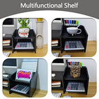 Computer Monitor Riser, 2 Tier Wooden Stand With Two Layer Storage Rack, Black Desktop Organizer for PC/Laptop, Home & Office