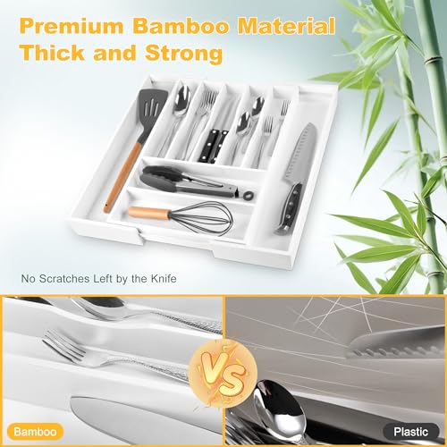 Large Premium Bamboo Silverware Organizer - Expandable Drawer Organizer & Utensil Organizer - 17"x19.7" Cutlery Tray with Dividers for Kitchen Utensils and Flatware (7-9 Slots) (White) - color: White, size: 9 Slots Expandable