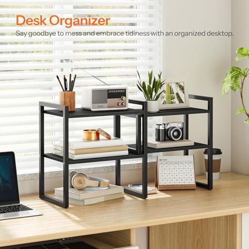 HOOBRO Desk Shelf Organizer, Adjustable Desktop Bookshelf, 2-Tier Shelf for Top of Desk, Wooden Office Storage Rack, for Office, Study, Kitchen, Dorm, Black BB39SJ01 - color: Black