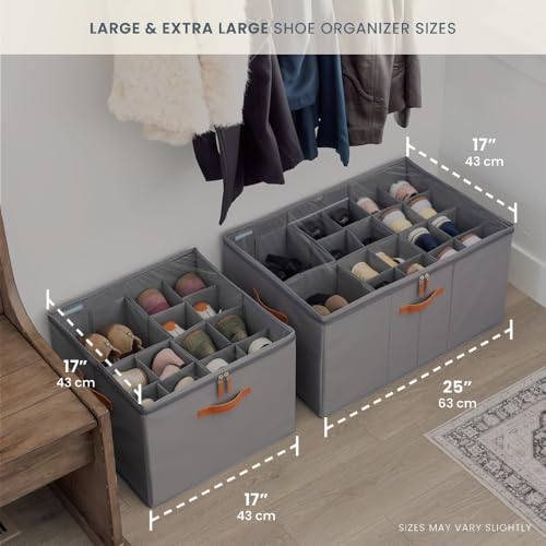 OrganiHaus Large Shoe Storage Bin for Closet, Shoe Organizer Box Fits up to 16 Pairs, Collapsible Fabric Shoe Basket w/Clear Cover, Adjustable Dividers & Reinforced Handles, Grey - color: Gray