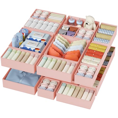 DIMJ Drawer Organizer Clothes - 20 Pack Closet Drawer Organizer Bins for Baby Clothes Storage, Fabric Dresser Organizer for Nursery Bedroom, Foldable Small Drawer Dividers for Underwear Socks - color: Pink, size: 20 Pack