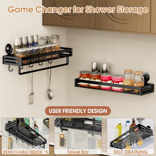Shower Caddy Suction Cup, 15.7 inch 2 Pack Suction Shower Shelf with Hooks NO-Drilling Bathroom Holder, Rustproof Bathroom Organizer, Black,Includes 2 Extra Suction Cups for Replacement Use - size: 15.7 inches(2-Pack US)