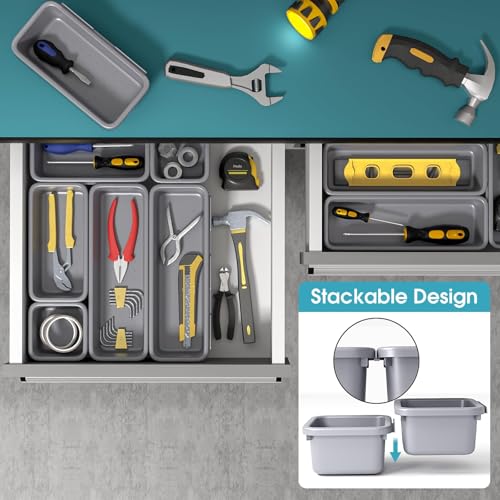 6 PCS Drawer Organizer Set, 3 Size Makeup Drawer Divider Organizer With Non-Slip Pads, Interlocking Plastic Storage Bins for Office,Jewelry Vanity,Gadgets, Bathroom,Kitchen, Grey - color: Grey, size: 6Pack