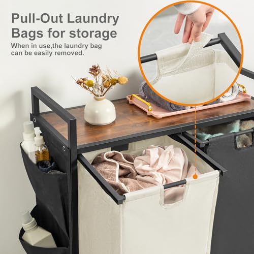 WOWLIVE Double Laundry Hamper with Lid,Rolling Laundry Basket Organizer with Wheels, Iron-Made Laundry Sorter with Top Shelf and 2 Removable Bags,Large Clothes Storage for Room,Black and Beige - color: Black and Beige, size: 110L (30.0 x 13 x 32 Inches)