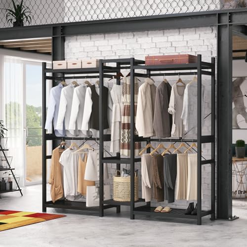 Homykic Bamboo Closet System Clothes Rack, Large Freestanding Garment Rack Clothing Rack for Hanging Clothes with 7 Storage Shelves and 5 Rods, Open Wardrobe Organizer with 4 Hooks, Black - color: Black, size: III Large
