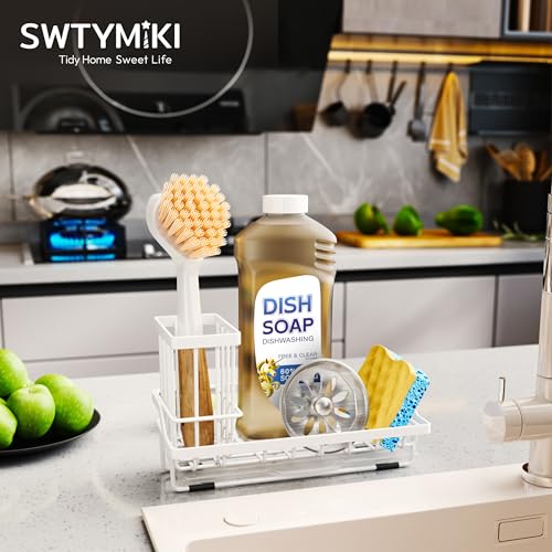 SWTYMIKI Sink Caddy Sponge Holder - Kitchen Sink Organizer with High Brush Holder for Countertop to Hold Dish Soaps and Sponges, Stainless Steel, White - color: White, size: Medium