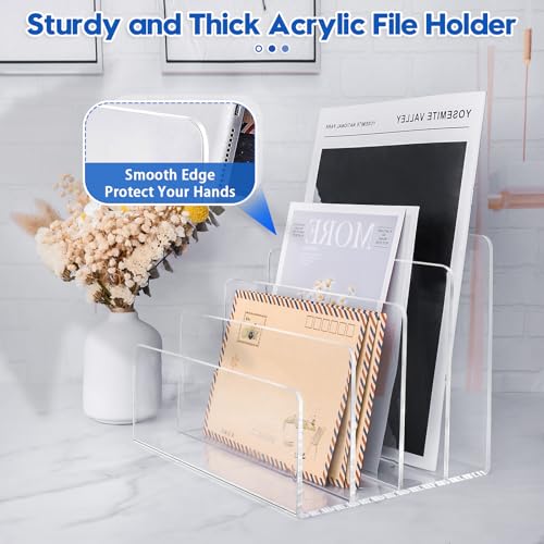 4 Section Acrylic File Organizer, Clear Desk Organizer and Accessories, Sturdy File Folder Holder Sorter, Office Supplies for Mail Letter Paper Electronic Notebook
