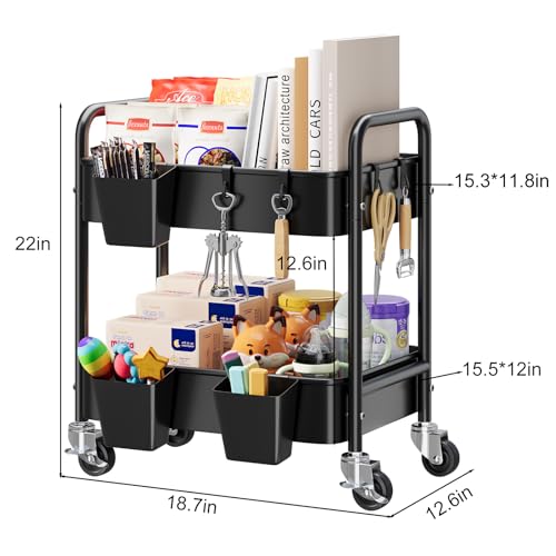 2 Tier Small Rolling Metal Cart with Wheels, Black Under Desk Storage Cart on Wheels, Short Utility Roller Carts Organizer for Pantry, Bathroom,Kitchen,Office, Two Tiered Mobile Storage Shelf Trolley - color: Matte Black, size: 2-Tier + Cups + Hooks