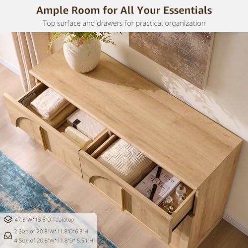 ACCOHOHO Arched Dresser for Bedroom with 6 Drawers, 47.3" Wide Modern Chest of Drawers with Rounded Edge & Metal Handles, Wood Storage Closet Dressers TV Stand for Living Room, Hallway, Oak - color: Natural Oak, size: 15.6"D x 47.3"W x 32"H (6 Drawers)