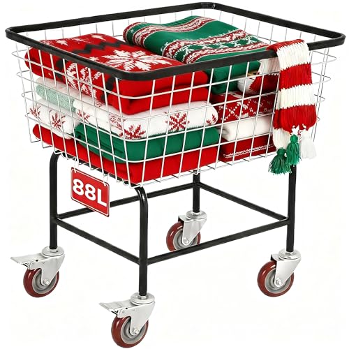 Wire Laundry Cart with Wheels, 2.5 Bushel Rolling Laundry Basket, Commercial Basket Carts for Laundry Room, Hotel, Home, Apartment Use, Durable Steel Frame with Galvanized Finish, 5" Casters - size: 2.5 Bushel