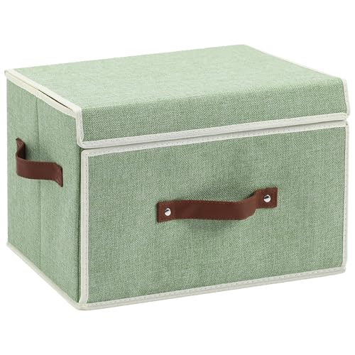 Storage Bins Box with Lids Front Opening Window Decorative Cotton Linen Fabric Basket PU Leather Handles Washable PP Board Foldable Shelf Closet Organizer Container (Light Green, Large) - color: Light Green, size: Large ( Pack of 1 )
