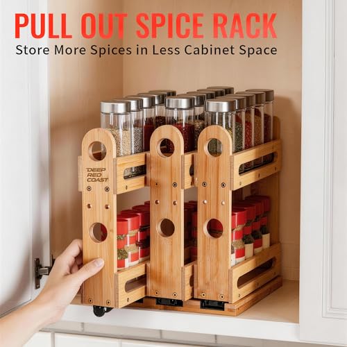 Pull Out Spice Rack Organizer for Cabinet Wide Slide Out Seasoning Rack Fits 2.1" Jars Large Capacity for Pantry Kitchen Cabinet 9" Deep Heavy Duty Easy Install