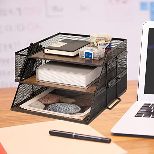 Vintage Wood & Metal Letter Tray， Stackable Desk Organizers Paper Tray， for File Magazines Mail Organizer, Vintage Wood Desk File Organizer with Pen Holder(3 Layer) - color: 3 Layer