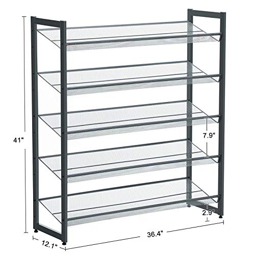 SONGMICS Shoe Rack, 5-Tier Shoe Organizer, Metal Shoe Storage for Garage, Stackable Shoe Shelf, with Adjustable Flat or Angled Shelves, 20-25 Pairs, Charcoal Gray ULMR05GB - color: Charcoal Gray, size: 5 Tiers (36.4''W)