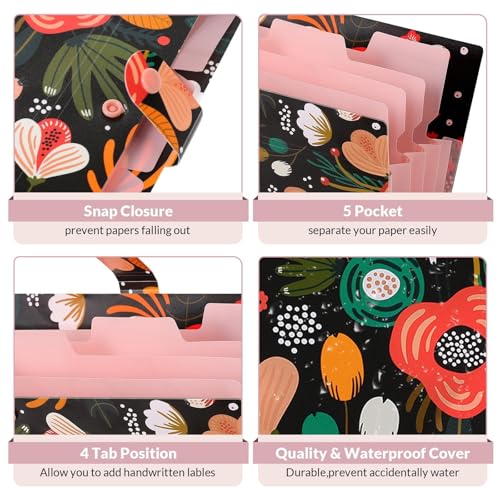 SKYDUE Expanding File Folder with 5 Pockets, Floral Accordion File Organizer for Important Document, Portable Receipt Paper Organizer, School Office Supplies Black - color: Black