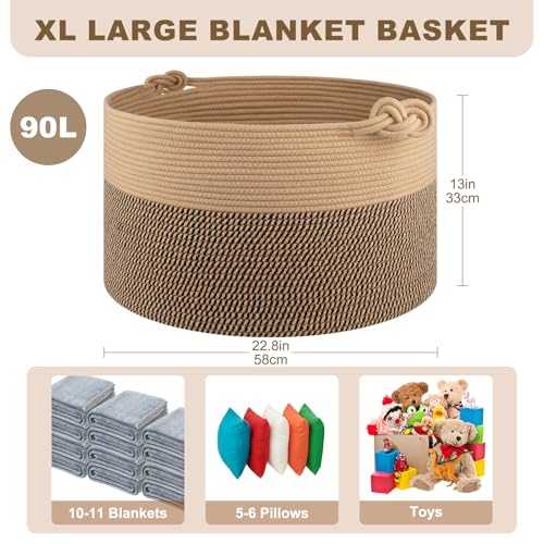 OIASKET Large Blanket Storage Basket for Living Room, 22.8" x 22.8" x 13" Woven Cotton Rope Basket with Handles, Baby Toy Storage, Laundry Hamper for Clothes, Pillows, Towels-Brown and Black - color: Brown & Black, size: 90L