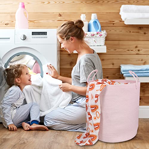 XUANGUO Cotton Rope Laundry Basket Hamper for Girls Kids Baby Nursery Hamper Bin Woven Storage Basket for Living Room Girls room Boho Tall Rope Baskets for Blanket Toys Large light pink - color: pink, size: Regular