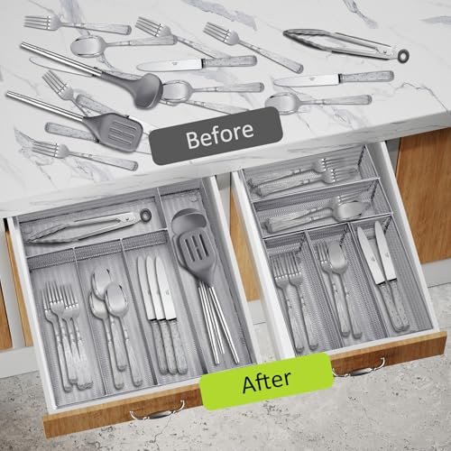 Neudeco Drawer Organizer Set 6 Pack - 5-Compartment Silverware Organizer Tray + 5 Utensil Trays, Kitchen Drawer Organizer for Flatware, Cutlery, Office Supplies, Silver Mesh, Non-Slip - color: Silver-6L pack