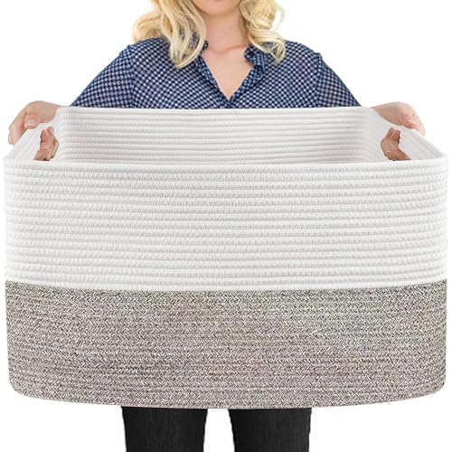 MEGASKET Large Blanket Basket, 22"x17"x12" Rectangle Blanket Storage for Living Room, Decorative Kids Dog Toy Bin Box, Soft Woven Cotton Rope Storage Basket, Big Wicker Throw Pillow Organizer Holder - color: White & Light Brown, size: 22"x17"x12"