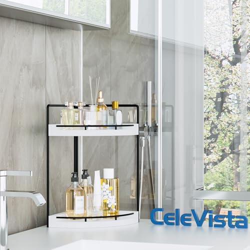 Corner Bathroom Counter Organizer, 2 Tier Wood Vanity Storage, Waterproof Skincare Shelf for Kitchen & Toiletries Decor, Dresser (White-2 Tier) - color: White-2 Tier