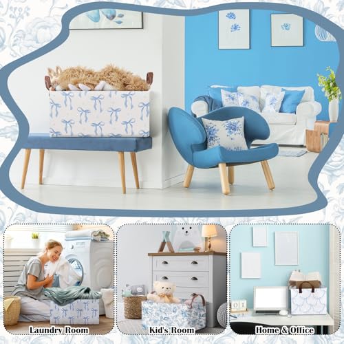 Boao 3 Pcs Blue Bow Storage Bin Collapsible Large Storage Baskets for Gifts Empty Candy Holiday Decor Canvas Laundry Basket Foldable Box with Handle for Office Home Bedroom Clothes - style: Blue Bow