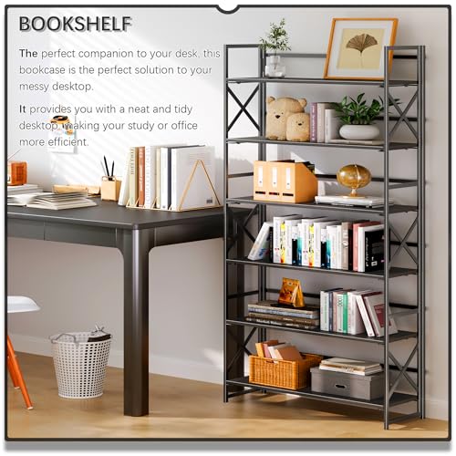 4NM Extra Wide 6 Tiers No Assembly Book Shelves, 61.8" H Folding Bookshelf Bookcase Open Industrial Foldable Shelves for Bedroom, Living Room, Home Office - All Black - color: All Black, size: Wide XX 6-Tier