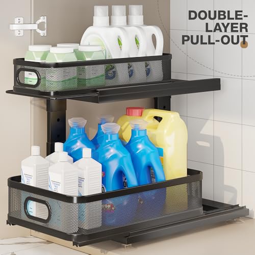 2 Pack Under Sink Organizer With Next-Gen Ball-Bearing Slides,2-Tier Precision Mesh Pull Out Cabinet Shelf Storage for Bathroom&Kitchen,Slide Out Drawers Height Adjustable,Rust-resistant - color: Black, size: 2 Pack-15.5"Dx12.4"-16.5"H
