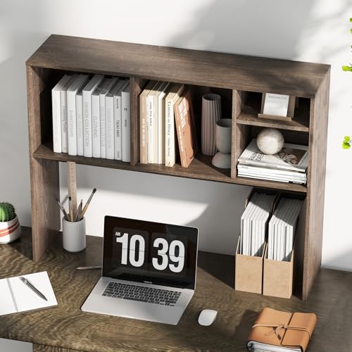 Tangkula Desktop Bookshelf, Countertop Storage Hutch with 4 Shelves for Computer Desk, Desktop 2-Tier Display Rack, Multipurpose Wood Desk Hutch Storage Organizer for Dorm Office Home - color: Grey, size: 4 Shelves