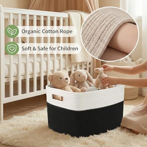 JMvicyroam Woven Blanket Basket,65L Large Storage Bin for Blankets Toys Clothes,Decorative Rope Basket for Living Room Bedroom with Handles, White&Black - color: White&Black, size: 65L
