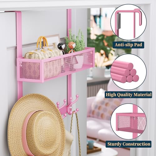 Consumest Over The Door Hooks Organizer - Over Door Hanger with 16 Hooks & 2 Baskets for Hanging Coat, Clothing, Towel, Back Storage for Bathroom, Closet, College Dorm, Pink - color: Pink-16 Hook 2 Basket, size: 2 Tier
