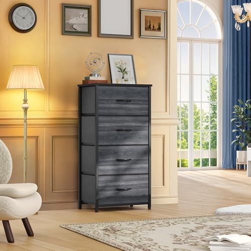 DWVO 4 Drawers Dresser, Dresser for Bedroom, Fabric Storage Tower, Chest of Drawers, Organizer Unit for Closets, Living Room, Sturdy Steel Frame, Wooden Top, Easy Pull Fabric Bins - color: B - Black Wood Grain Ash, style: 4-Drawer