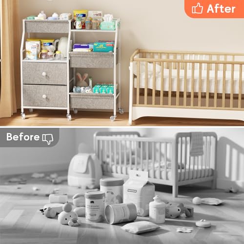 DTK Baby Diaper Caddy Organizer, 3 Tier Rolling Diaper Cart with Dividers and Drawers, Mobile Utility Baby Storage Cart with Wheels, Baby Newborn Essentials for Nursery, Bedroom, Charging Table，Crib