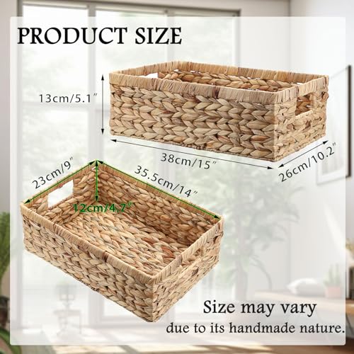 Woven Open Storage Bins Large Wicker Shelf Basket with Built-in Handles Natural Water Hyacinth Storage Baskets for Toiletries Books Fruits Organizing,15 x 10.2 x 5 inches - size: 15"L x 10.2"W x 5"H