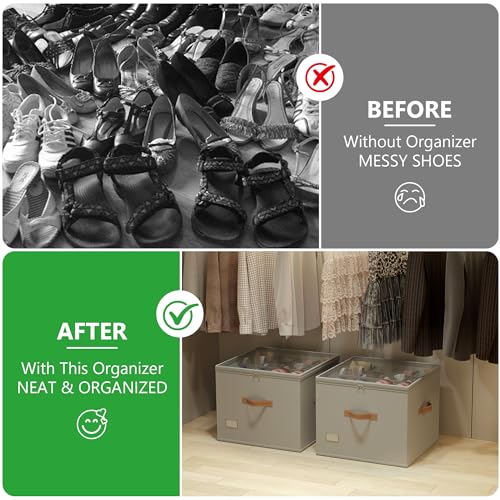 Vincona Shoe Organizer for Closet,2 Pack Shoe Storage Bins Foldable Shoe Storage Box Containers with Clear Cover and Sturdy Handles,Shoe Rack for Closet Storage for Sneakers Heels Slippers (Grey) - color: Grey, size: Large