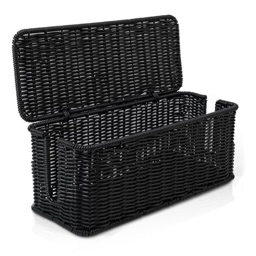 Cable Management Box, Handmade Rattan Cable Organizer with 2 Open Slots, Cord Hider for Power Strip, Router & USB Hub, Registered U.S. Design Patent (D1,112,102), 13" x 5.1" x 5.1", Black - color: Black, style: Rectangle