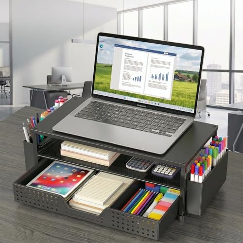 ECOLOVI Desk Organizer and Accessories, 2-Tier Computer Monitor Stand Rise with Storage Drawer & 2 Pen Holders, Laptop & Printer Stand for Desktop, Workspace Organizers for Office Supplies (Black Wood) - color: Black Wood