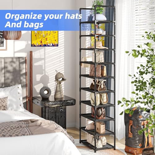 Simple Trending Tall Shoe Rack for Closet, 10 Tiers Narrow Shoe Shelf Holds 20 Pairs, Shoe Organizer Storage with Hooks, Black - size: 10 Tiers Narrow, Black