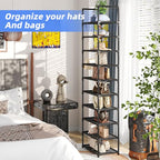 Simple Trending Tall Shoe Rack for Closet, 10 Tiers Narrow Shoe Shelf Holds 20 Pairs, Shoe Organizer Storage with Hooks, Black - size: 10 Tiers Narrow, Black