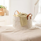BOLDMONEKY Blankets Basket 20" x20 " x11.8 ", Large Round Laundry Hamper with Leather Handle, Soft Dog Toy Woven Basket for Storage-Beige - color: Beige