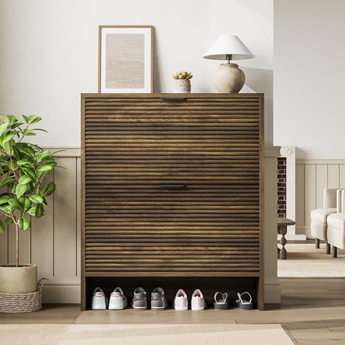 Garvee Shoe Storage Cabinet for Entryway, Fluted Shoe Cabinet with 2 Flip Drawers Doors, 32" Wide Hidden Shoe Rack Tall Freestanding Shoe Organizer for Entrance, Hallway, Living Room, Walnut - color: Walnut, size: 2 Drawers