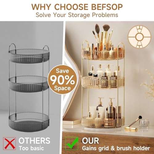 360° Rotating Makeup Organizer, Upgraded 3 Tier Skincare Perfume Organizers for Women, Bathroom Organizer Countertop, Clear Cosmetic Dresser Organizer with Makeup Brush Holder, Sink&Counter(Amber) - color: Gold, size: 3 Tier